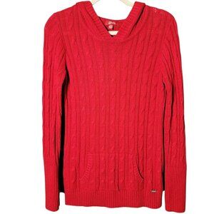 Guess Womens Y2K Red Cable Knit Preppy Cozy Winter Hooded Pullover Sweater Large